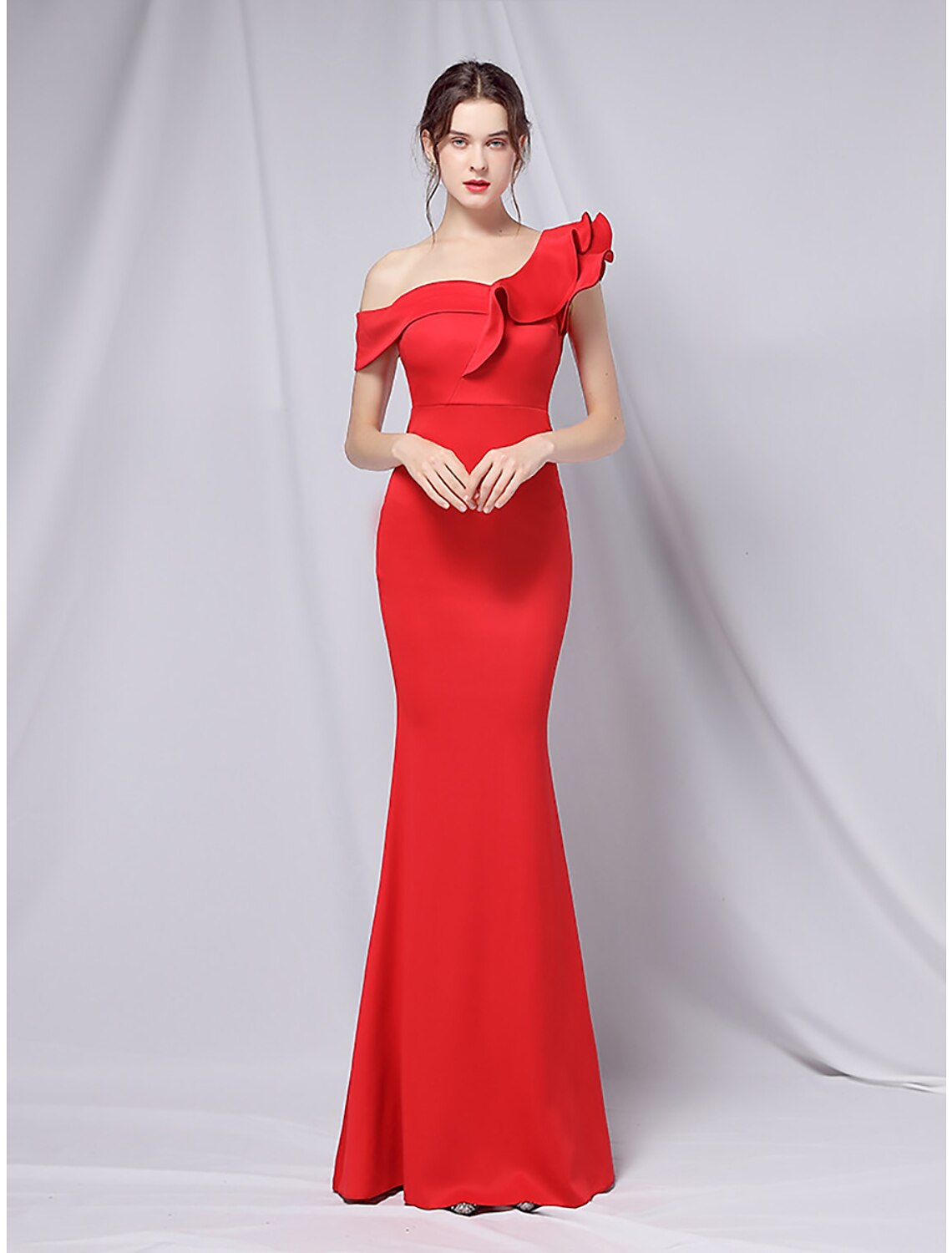 Meerjungfrau/Trompete Abendkleid Empire Kleid Hochzeitsgast Bodenlang Kurzarm One Shoulder Stretch Satin mit Rüschen